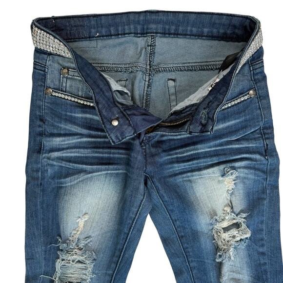 A7 Swarovski Crystals Distressed Jeans Womens 25 Low Rise Sexy Cowgirl Glam Rock - Picture 3 of 15